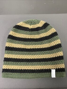 Flylow Green Black Tan Striped Knit Beanie #1256